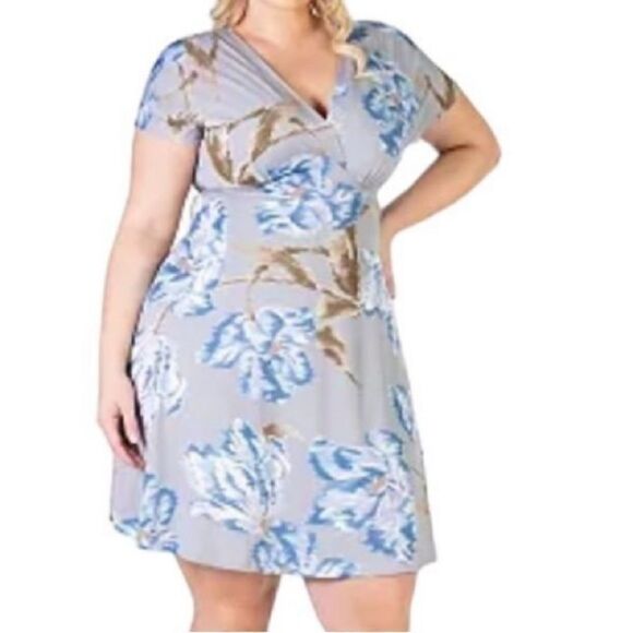 24Seven Comfort Apparel Gray Floral Double V-Neck Dress, Size 3X, NWT - Picture 1 of 7